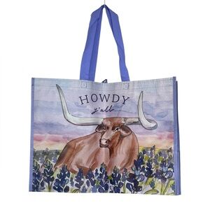 2 Howdy Y'all Longhorn With Texas Bluebonnets Reusable Shopping Tote Bags